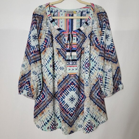 Figueroa & Flower Western Aztec Boho Peasant 3/4 Sleeves Blouse Top Plus 2X - Picture 2 of 12